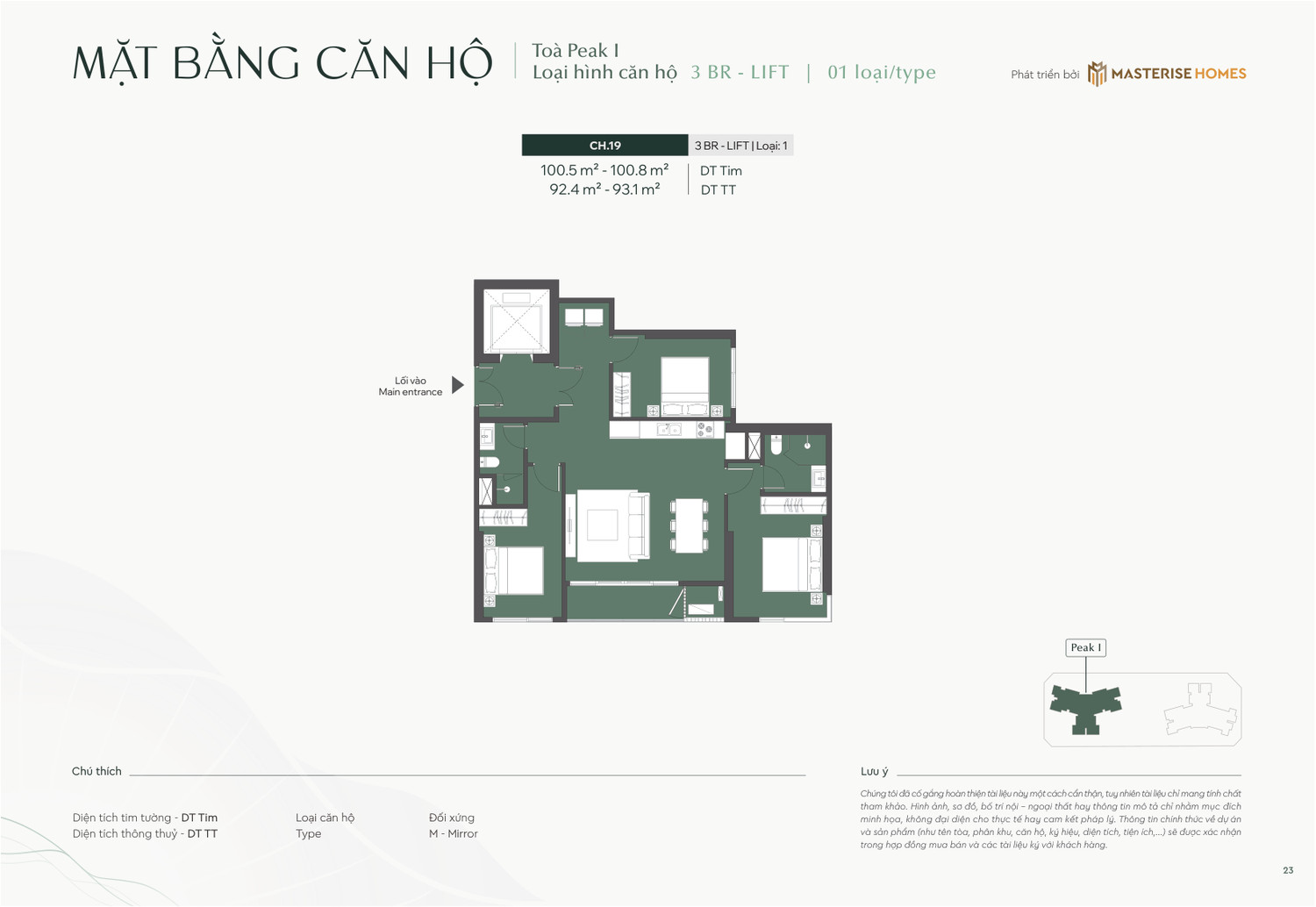 Layout căn hộ 3 Phòng Ngủ có thang máy riêng (3BR-LIFT) dự án Lumière Essence Peak tòa Peak 1
