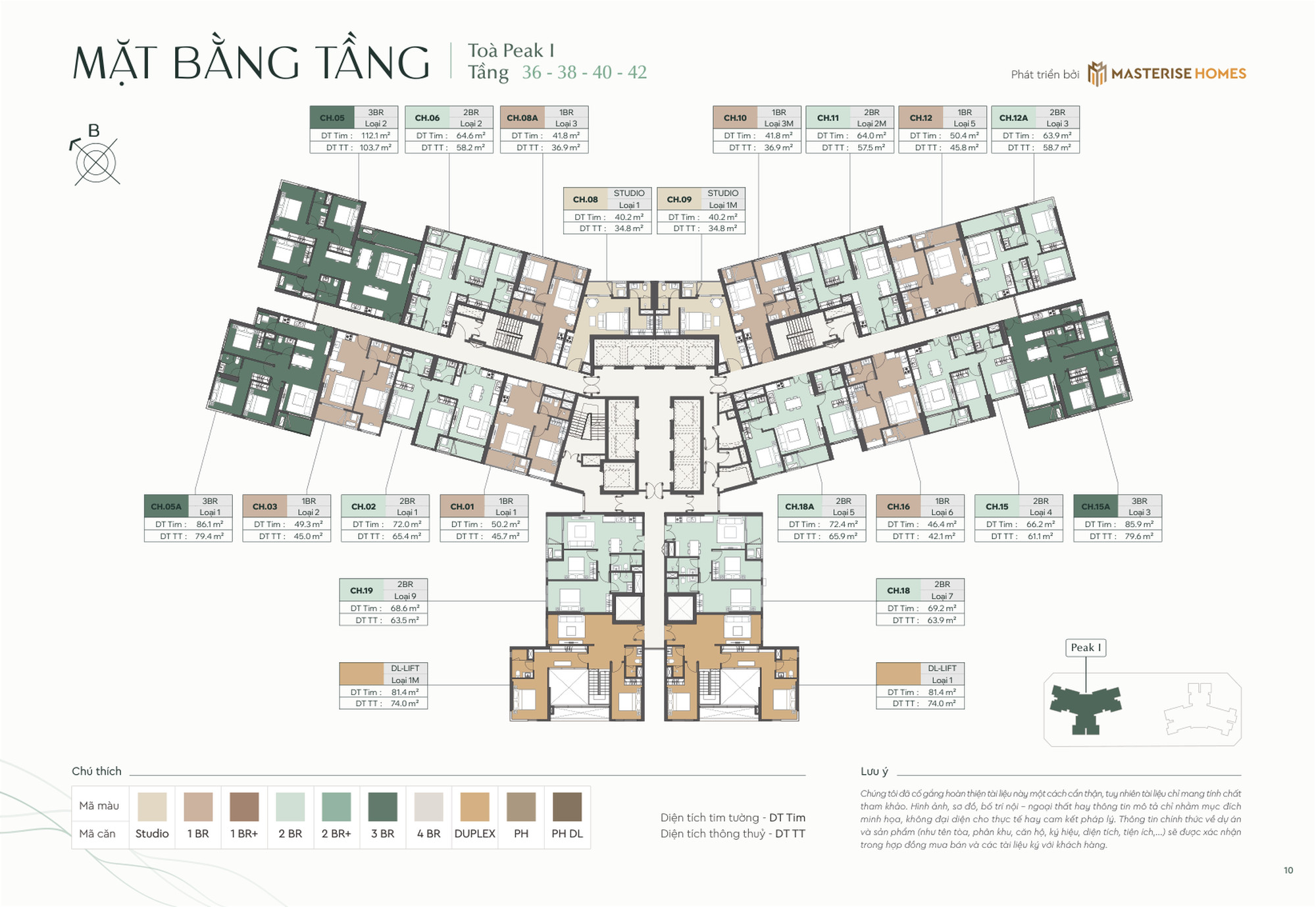 Mặt bằng, layout tầng 36 38 40 42 tòa Peak 1 với căn 3PN Masteri LUMIÈRE Vinhomes Cổ Loa Global Gate