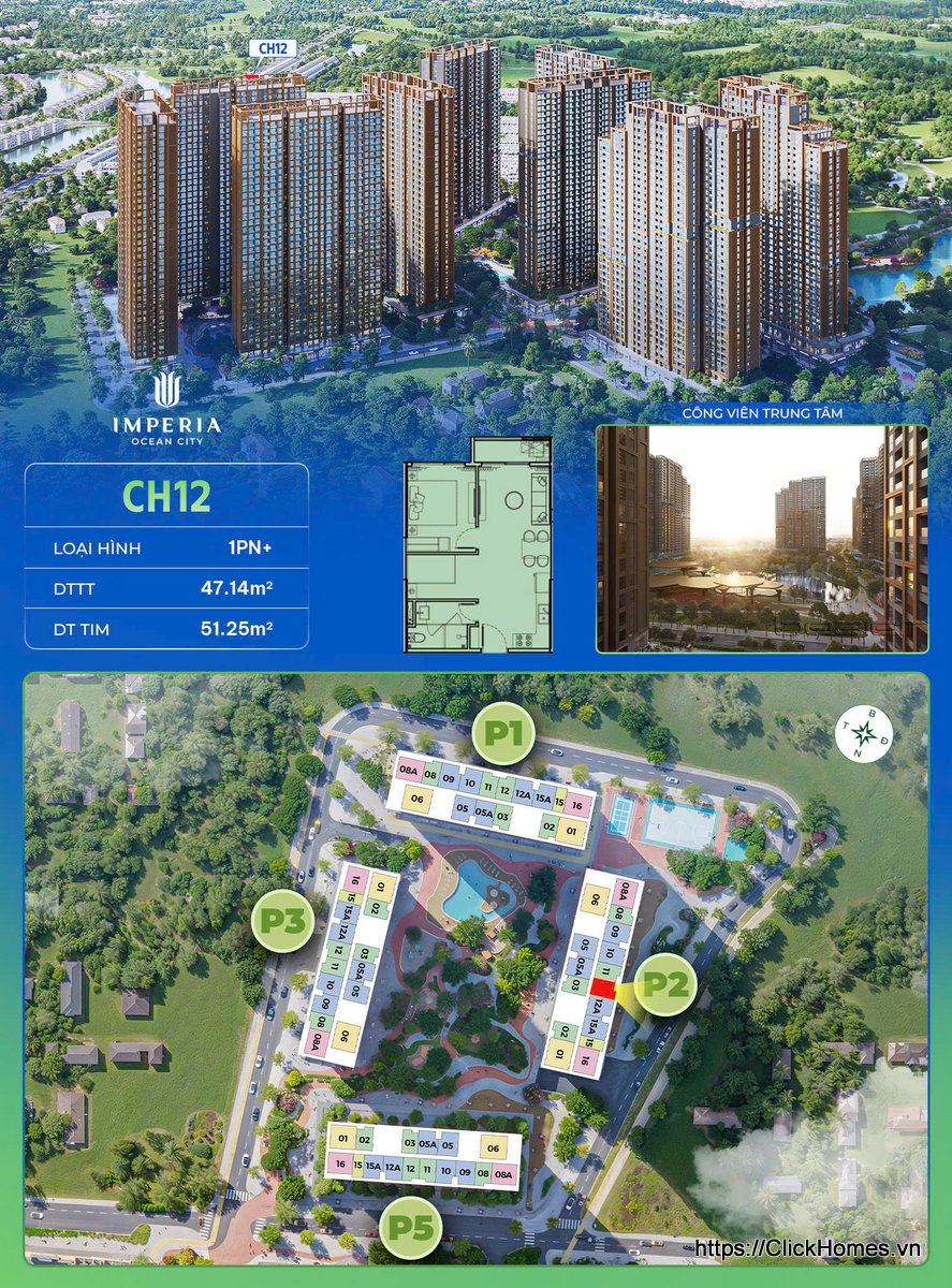 Ảnh chỉ căn trục 12 tòa P2 The Parkland Imperia Ocean City – 1PN+ – DTTT 47.14m², DT tim 51.25m² – hướng Đông Bắc