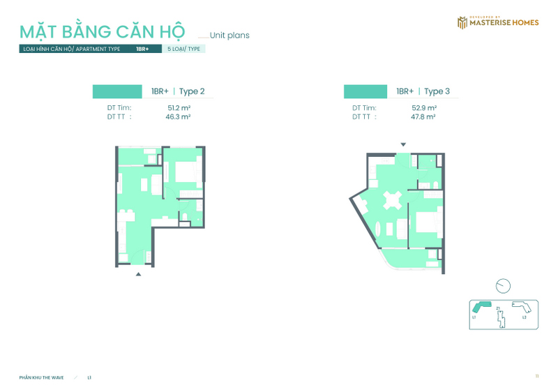 1BR+ | Type 2: Diện tích tim tường 51.2 m², diện tích thông thủy 46.3 m².