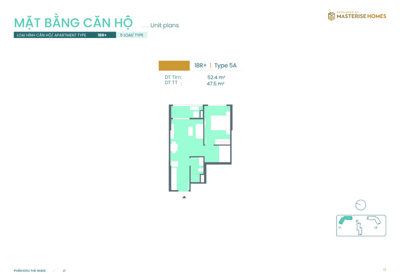 1BR+ | Type 5A: Diện tích tim tường 52.4 m², diện tích thông thủy 47.5 m².