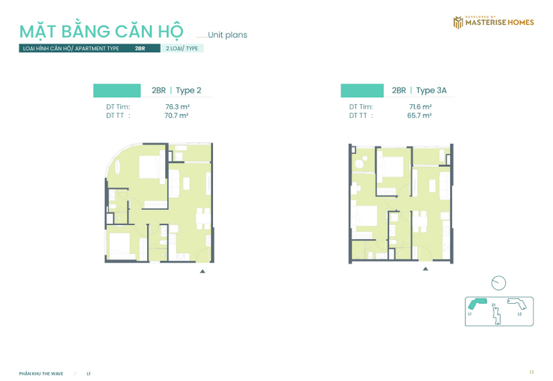 2BR | Type 2: Diện tích tim tường 76.3 m², diện tích thông thủy 70.7 m².