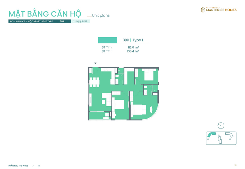3BR | Type 1: Diện tích tim tường 113.6 m², diện tích thông thủy 106.4 m².