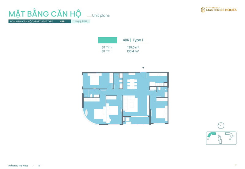 4BR | Type 1: Diện tích tim tường 139.0 m², diện tích thông thủy 130.4 m².