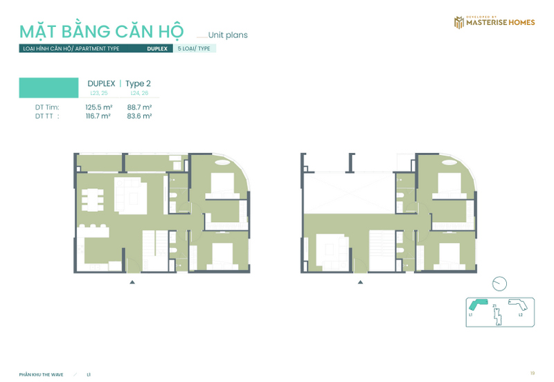 Duplex | Type 2: Diện tích tim tường từ 116.4 m² - 150.3 m², diện tích thông thủy từ 109.8 m² - 140.5 m².