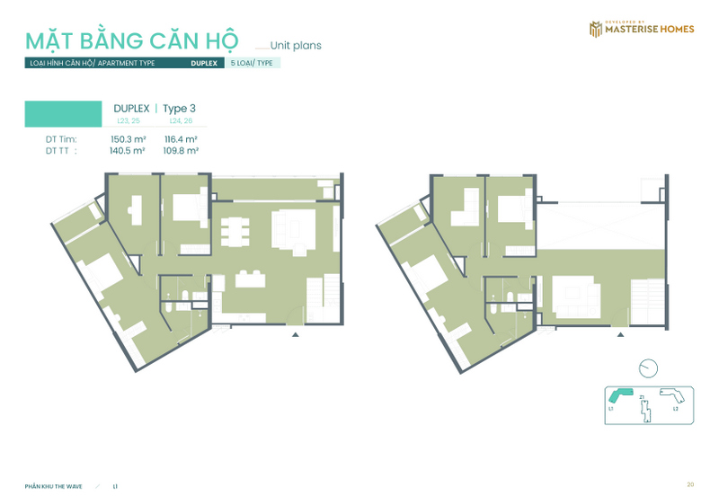 Duplex | Type 3: Diện tích tim tường từ 116.4 m² - 150.3 m², diện tích thông thủy từ 109.8 m² - 140.5 m².