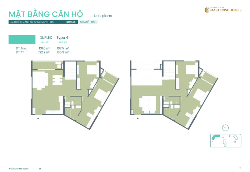 Duplex | Type 4: Diện tích tim tường từ 107.5 m² - 131.0 m², diện tích thông thủy từ 100.9 m² - 122.2 m².