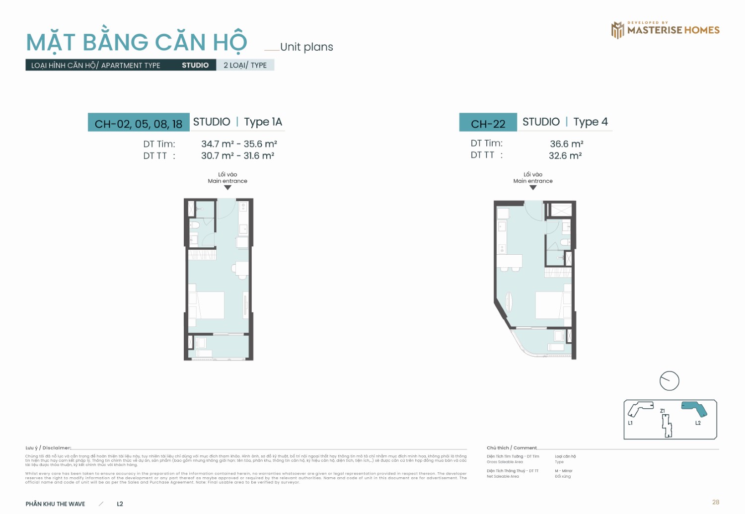 Studio toà L2 Masteri Grand Coast | Type 1A: Diện tích tim tường từ 34.7 m² - 35.6 m², diện tích thông thủy từ 30.7 m² - 31.6 m².