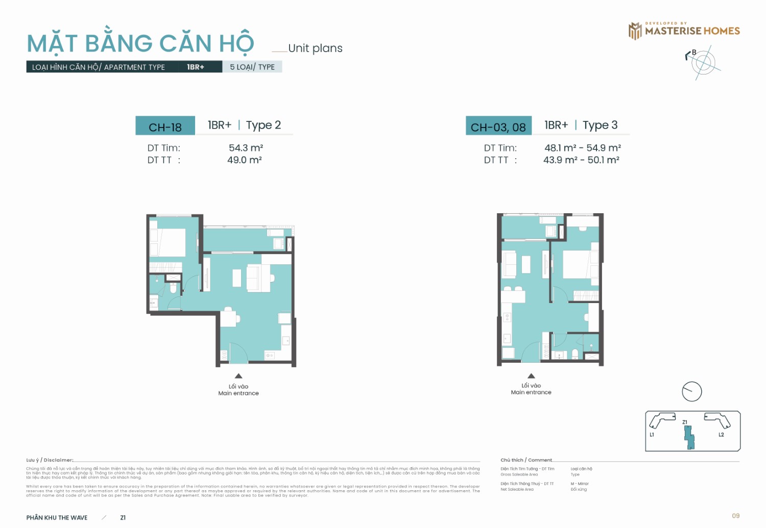 1BR+ | Type 2 và Type 3 – Layout căn hộ tòa Z1 phân khu The Wave Masteri Grand Coast