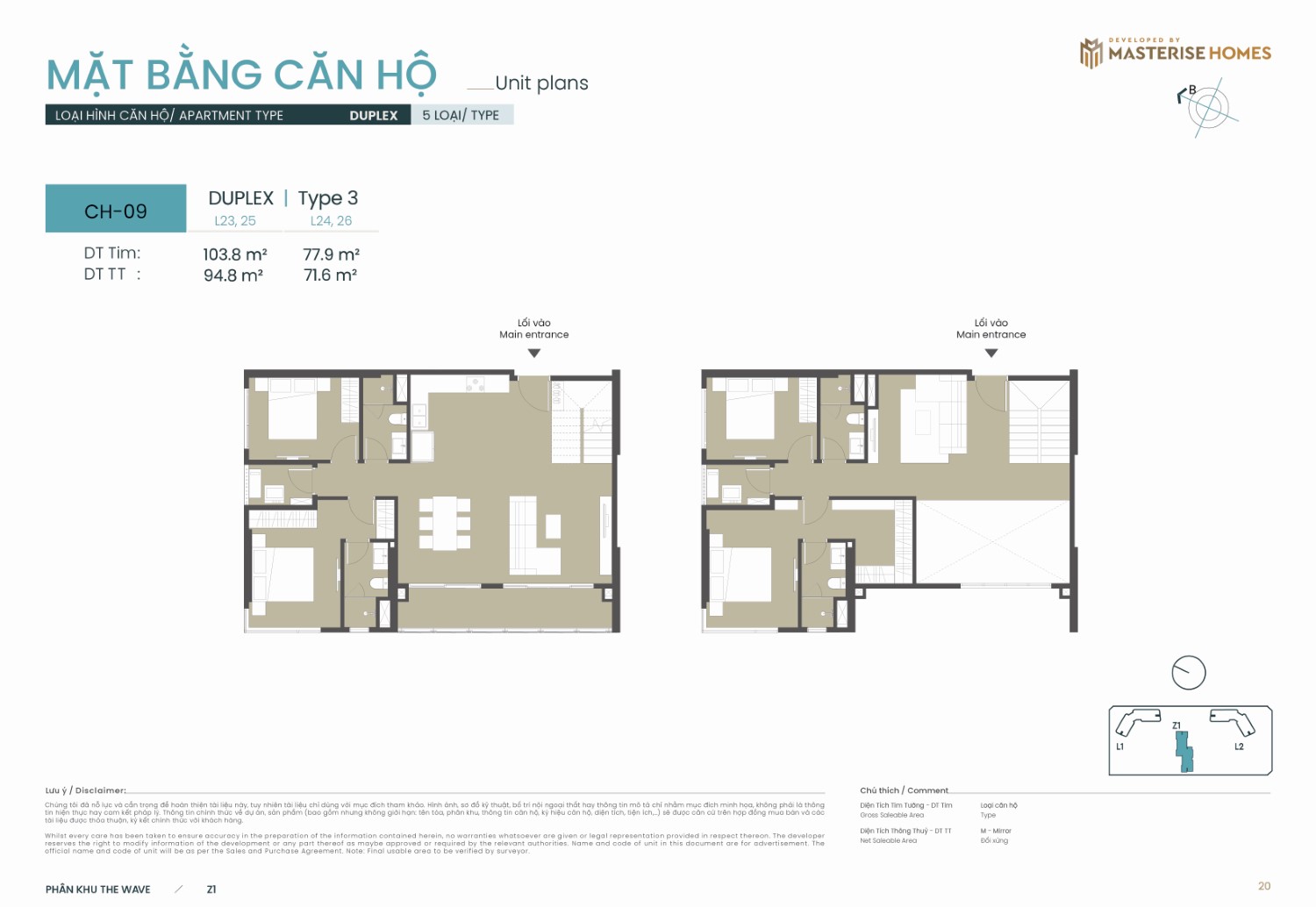 Duplex | Type 3 – Layout căn hộ tòa Z1 phân khu The Wave Masteri Grand Coast
