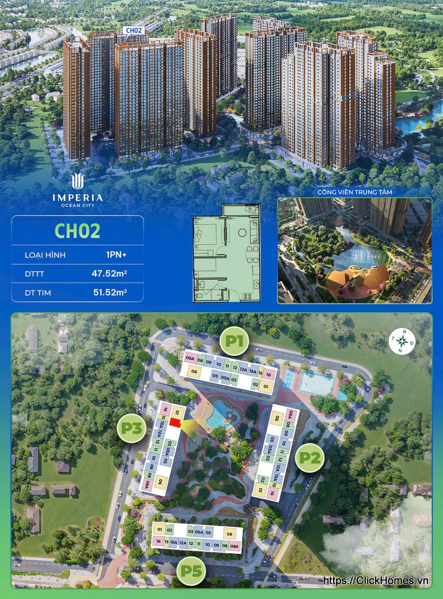 Ảnh chỉ căn trục 02 căn hộ 1PN+ tòa P3 The Parkland Imperia Ocean City (MIK) Ocean Park 2