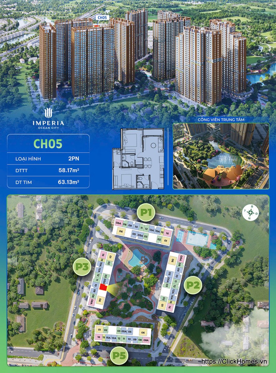 Ảnh chỉ căn trục 05 căn hộ 2PN tòa P3 The Parkland Imperia Ocean City (MIK) Ocean Park 2
