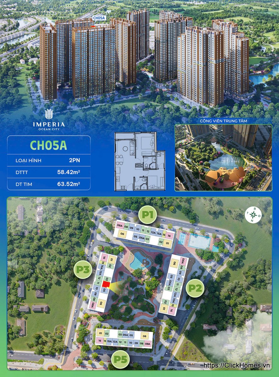 Ảnh chỉ căn trục 05A căn hộ 2PN tòa P3 The Parkland Imperia Ocean City (MIK) Ocean Park 2
