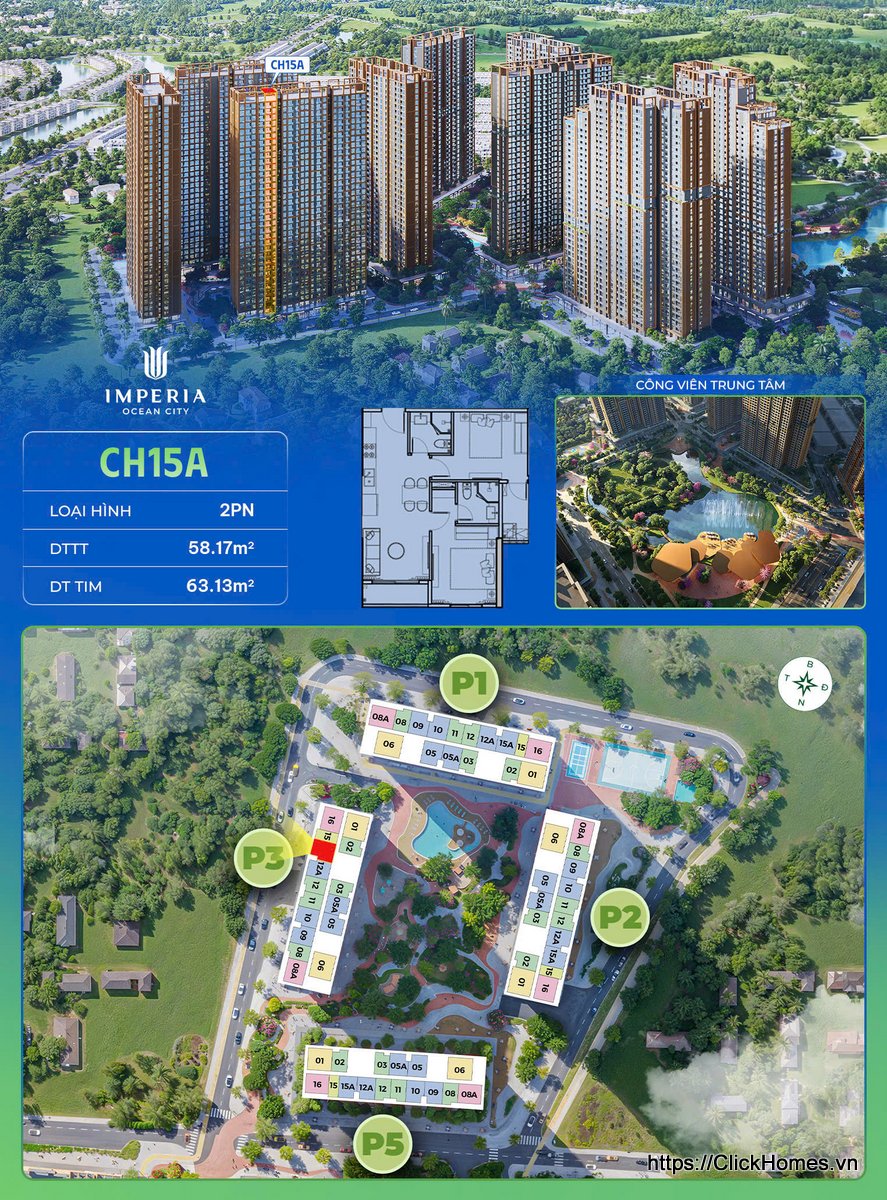 Ảnh chỉ căn trục 15A căn hộ 2PN tòa P3 The Parkland Imperia Ocean City (MIK) Ocean Park 2