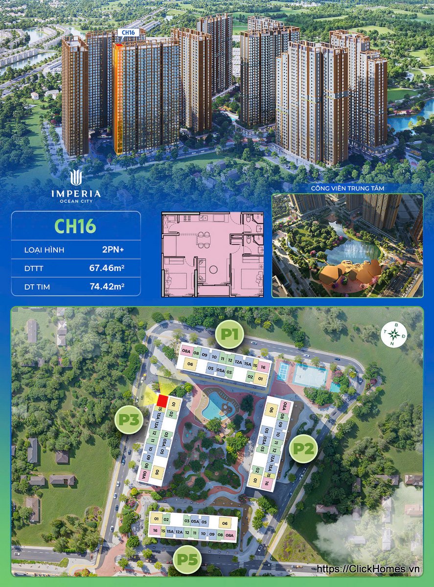 Ảnh chỉ căn trục 16 căn hộ 2PN+ tòa P3 The Parkland Imperia Ocean City (MIK) Ocean Park 2